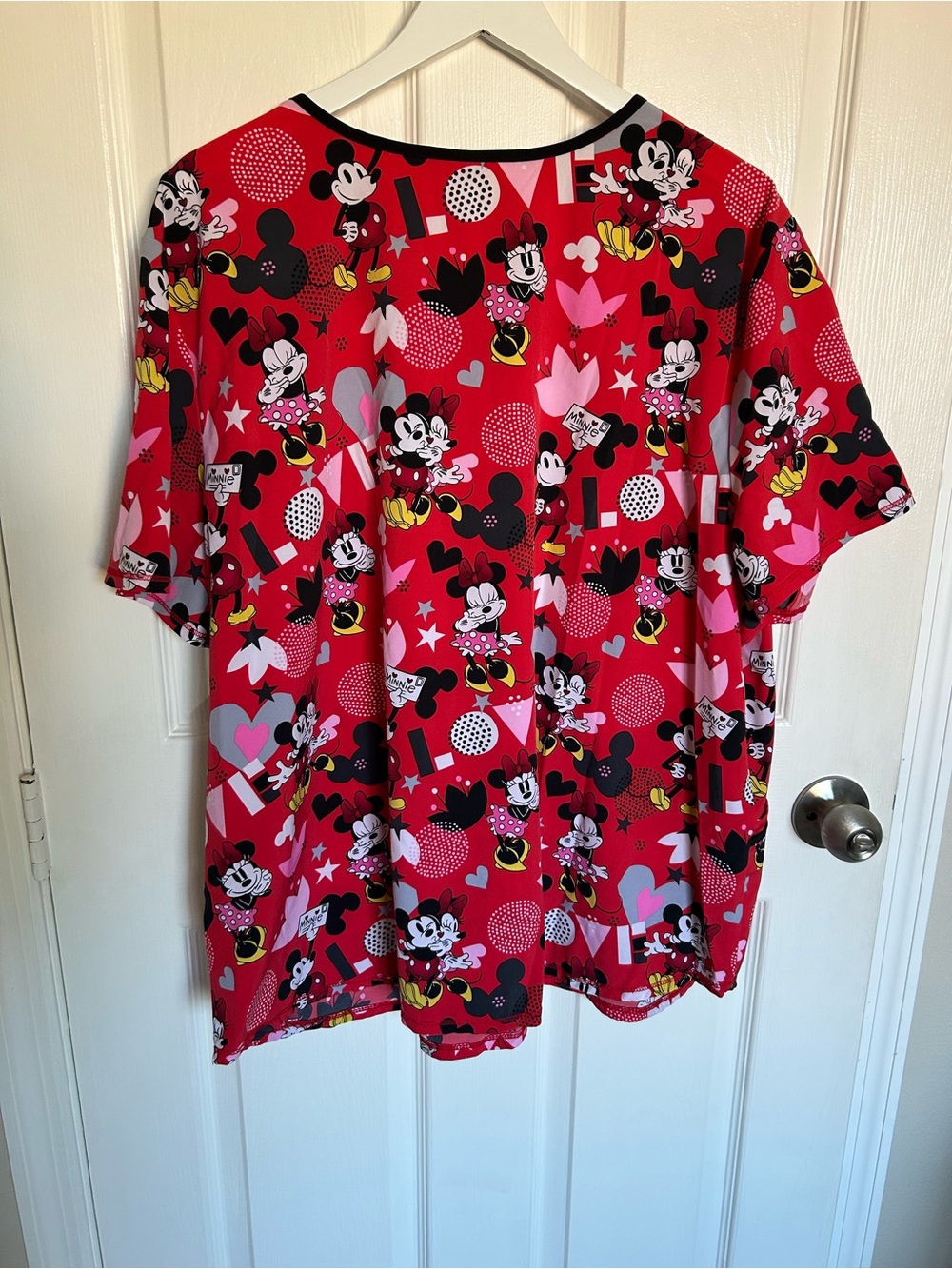 Disney Red Mickey & Minnie Print V-Neck Scrub Top with Black Trim - Picture 3 of 4